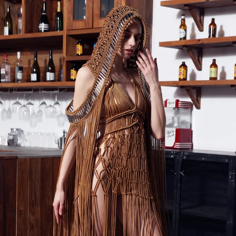 EOENKKY Handmade Crochet Knitted Cover Ups Sleeveless Women Long Cloak 2025 Summer Holiday Beachwear Sexy Solid Tassel Outfits