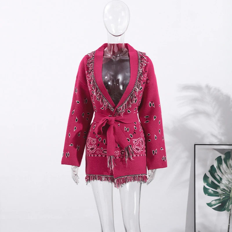 Fashion Lace Up Floral Tassel Patchwork Sweater For Women Elegant Long Sleeve Belt Knitted Cardigan Jacket Lady Chic Street Tops