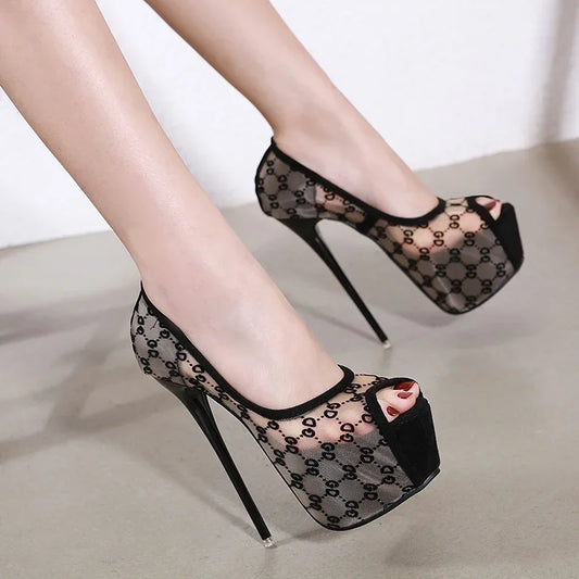 16CM Ultra-High Heel Fine-Tipped High Heel Shoes Fish Mouth Single Shoes Korean Princess Nightclub Sexy Hate Heaven Lace Women's