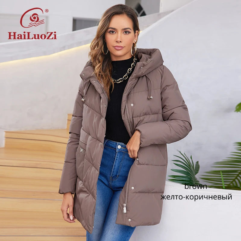 HaiLuoZi 2023 New Women Winter Jackets Warm Hooded Thick Bio-Cotton Female Parkas Solid Color Big Pockets Women‘s Coats 1139