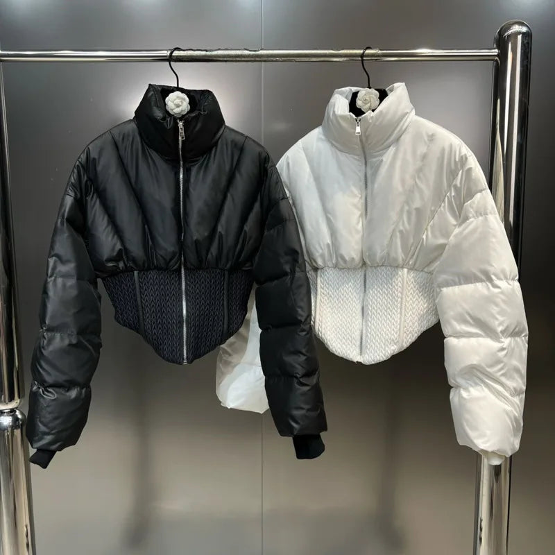 PREPOMP 2023 Winter New Collection Long Sleeve Zipper Stand Collar Slim Waist Short Jacket Women Cotton Coat GM099