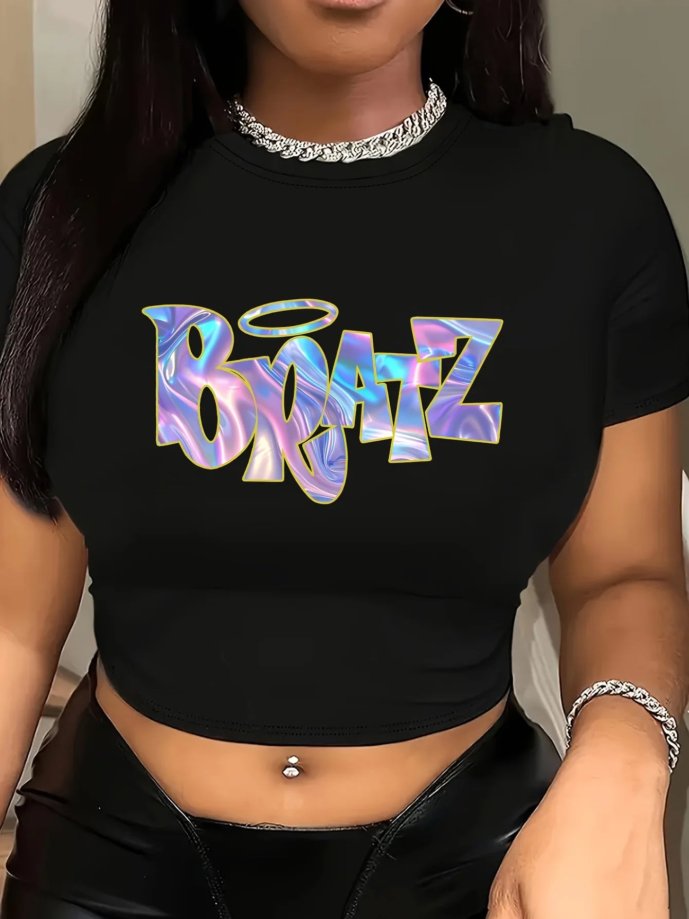 Women's Y2K Crop Top Black Tee Bratz Lettering Printed Women's T-shirt Fashion Hip Hop Streetwear Y2k Clothes Party Clothing Tee