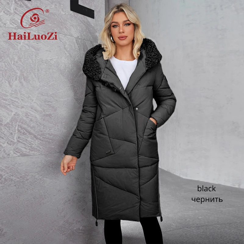 Hailuozi 2024 New Winter Women's winter jacket with large pocket hooded sheepskin classic fashion women's coat 51