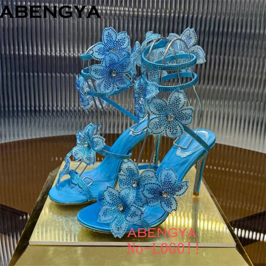 2025 Summer High Heels Sandals Women Crystal Flower Snake Strap Stilettos Party Shoes Shinny Female Sandalias Mujer