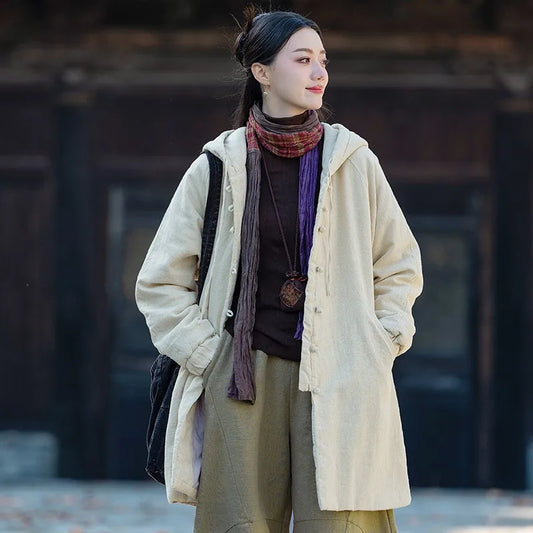 Johnature Women Vintage Hooded Parkas Button Chinese Style Ramie Cotton Coats 2025 Winter New Solid Color Long Sleeve Parkas