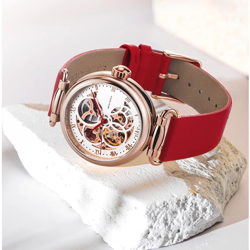 Seagull Fashion Women's Watch Leather Strap Waterproof Skeleton Automatic Mechanical For Ladies Watch Necklace Set 6002L Series