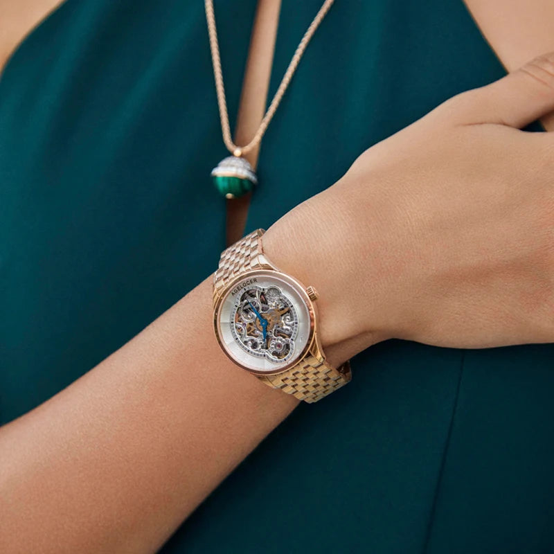 Agelocer Original Infatuated Mirror Watch Women's Luxury Gold Watch Skeleton Automatic Mechanical Watch Birthday Gift for Women