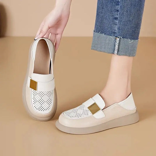 Summer Hollow Slip-on Ladies Footwear Cheap Liquidation Wholesale Casual Popular 39 Round Toe Leather Women's Flat Loafers Shoes