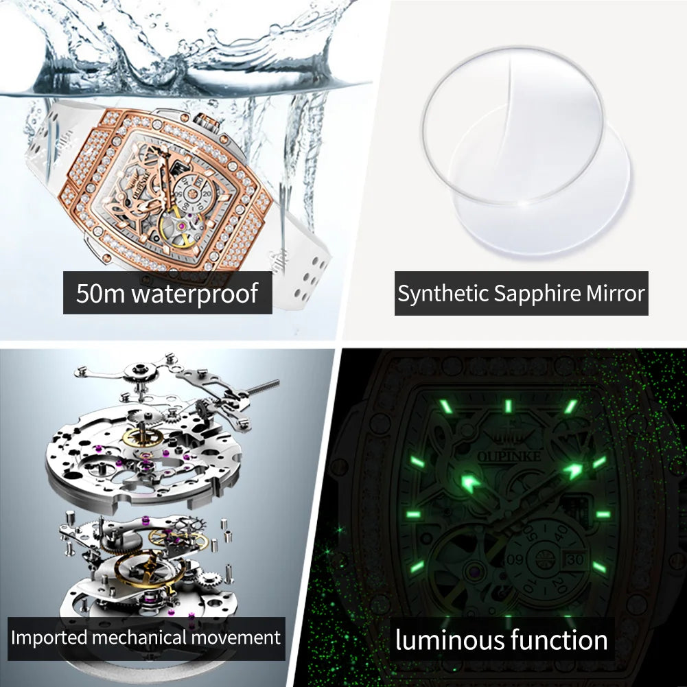 OUPINKE 3220 Women's Watch Flywheel Skeleton Mechanical Watch For Women Luxury Silicone Strap Wristwatch Sapphire Mirror Clock