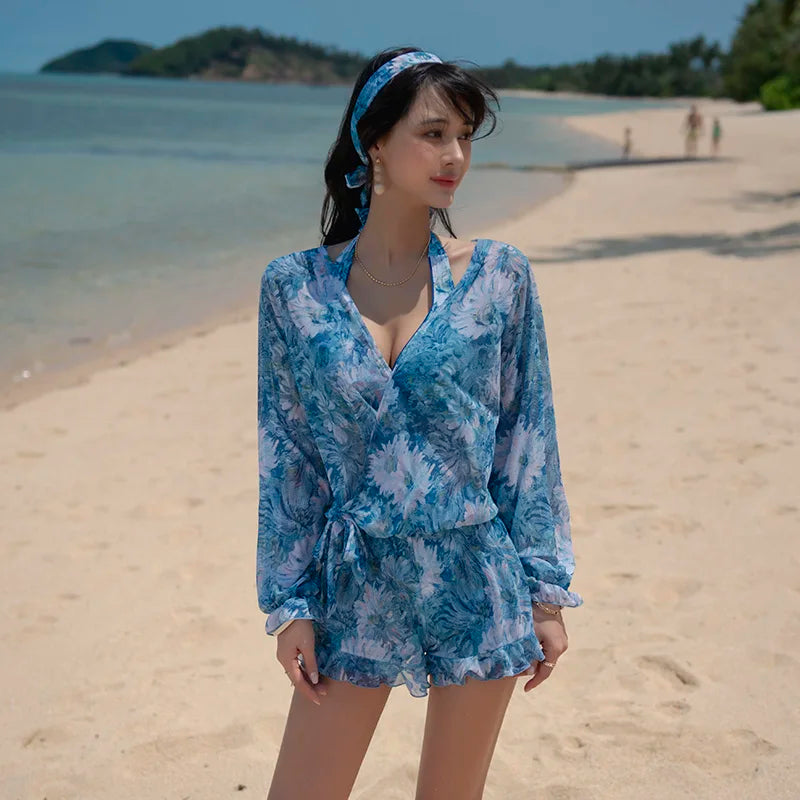 Swimsuit 4 Pieces Bikini Sets Women Swimwear Printed Underwired Mesh Long Sleeve Cover Up High Waist Shorts Headband 2023 New