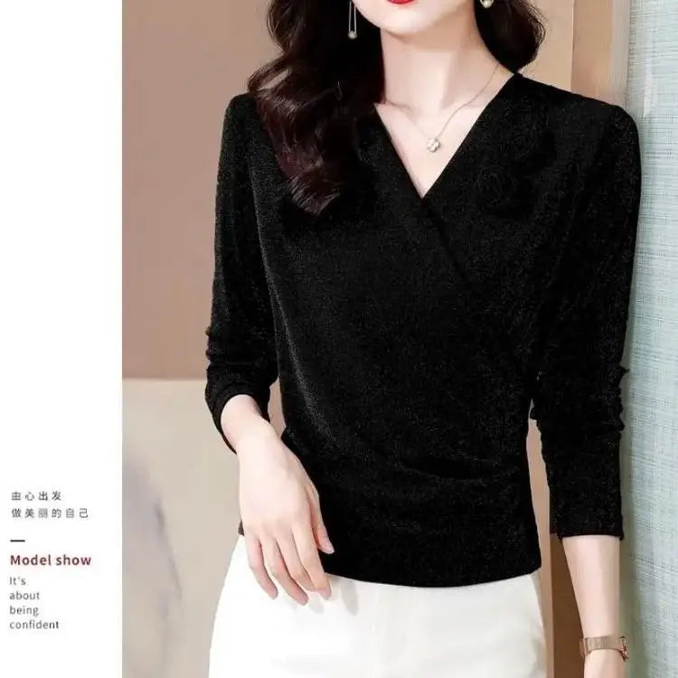 Women's Clothing Autumn Sexy V Neck 3D Flower Ruched Elegant Basic T-shirts Fashion Bright Silk Long Sleeve Slim Pullover Tops