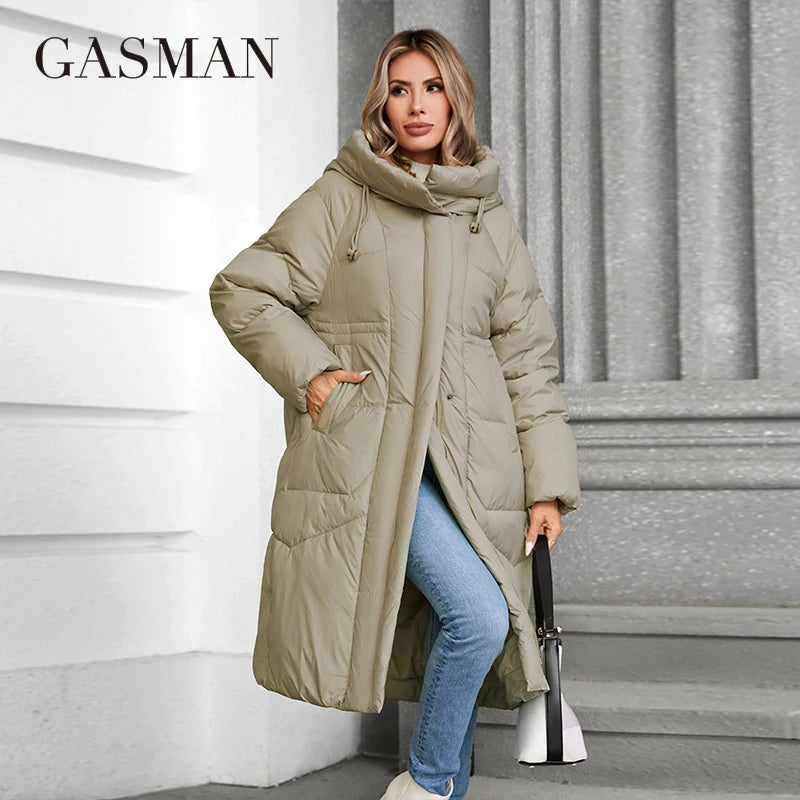 GASMAN 2024 Winter Down Jacket Women Long Classic zipper Design Pocket Stand Collar Hooded Slim Coat Women Parkas 88590