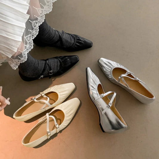 S2509 Soft Crinkled Lambskin Mary Jane Flats Spring 2025 Chunky Pointed Toe Genuine Leather Women's Shoes Shoes