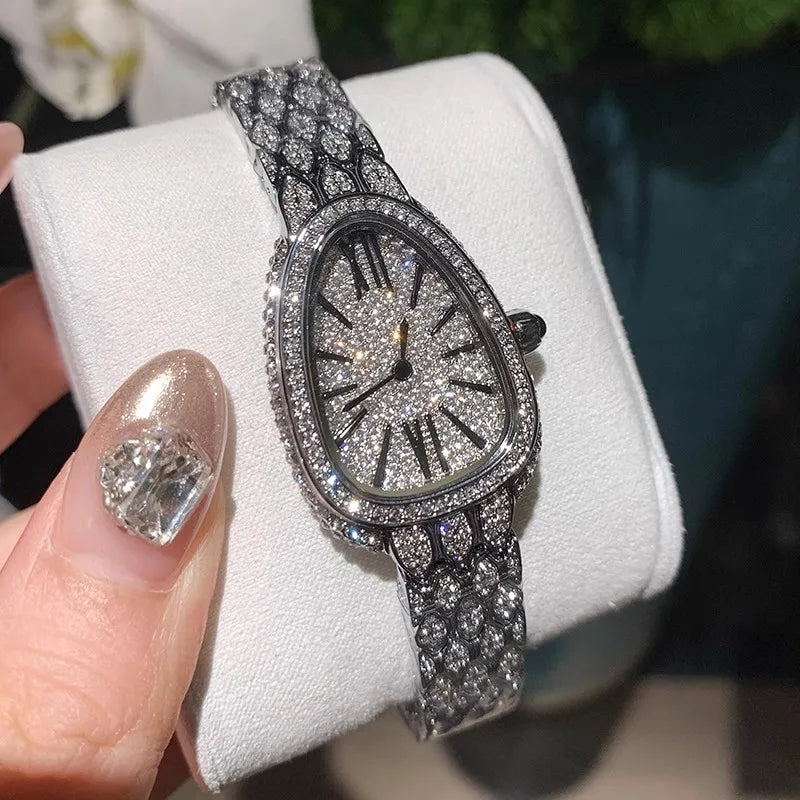 Luxury Women Snake Pattern Shiny Diamonds Studded Quartz Watch Office Ladies Work Wristwatch Fashion Birthday Gift Jewelry