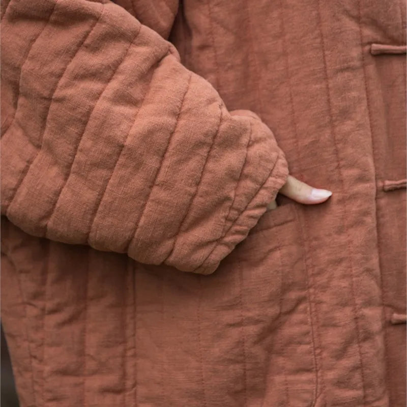 Johnature Women Chinese Style Ramie Cotton Parkas Stand Long Sleeve Winter Coats 2025 New Button Warm Plus Cotton Long Parkas