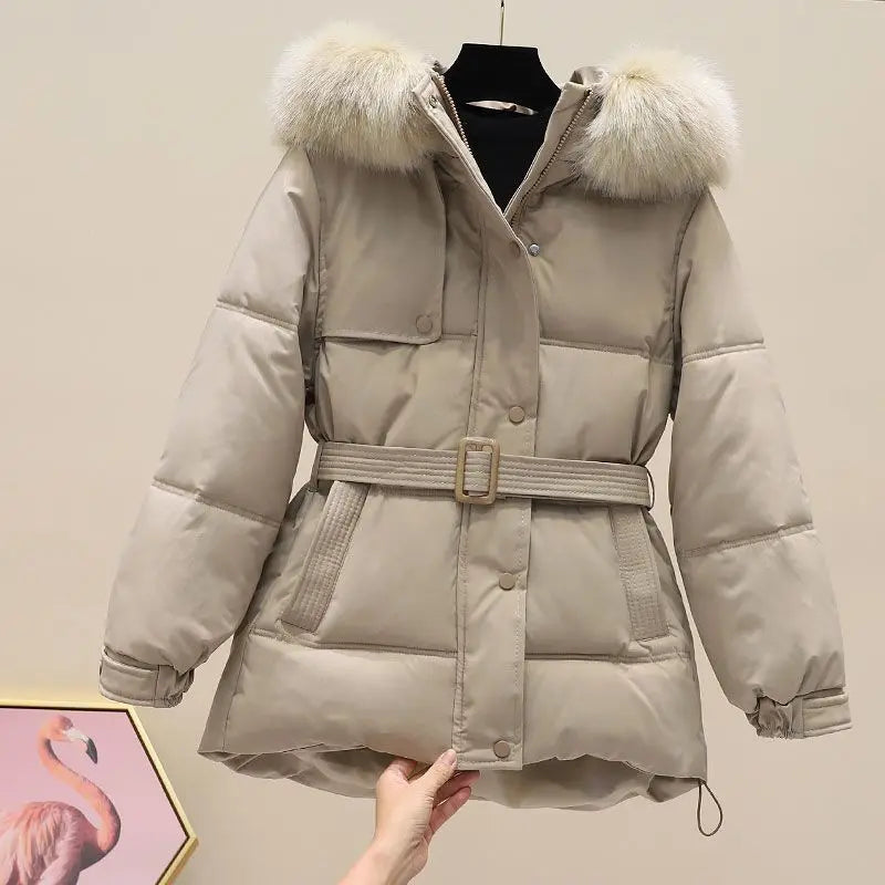 Women's winter hooded down jacket fur neck hooded long coat fashion hooded warm coat comfortable slim fit coat nice outdoor wear