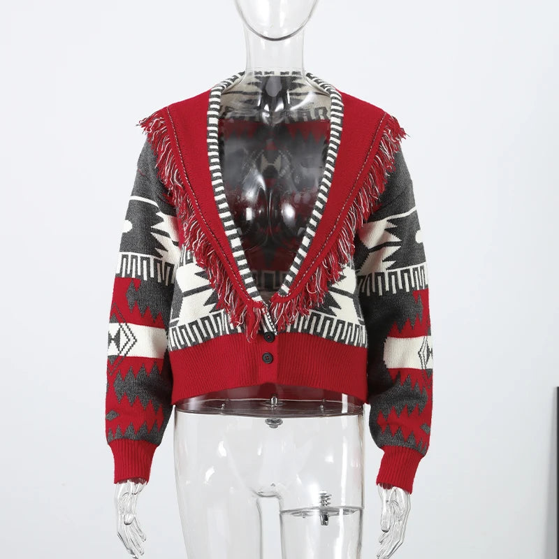 Fashion Lace Up Floral Tassel Patchwork Sweater For Women Elegant Long Sleeve Belt Knitted Cardigan Jacket Lady Chic Street Tops