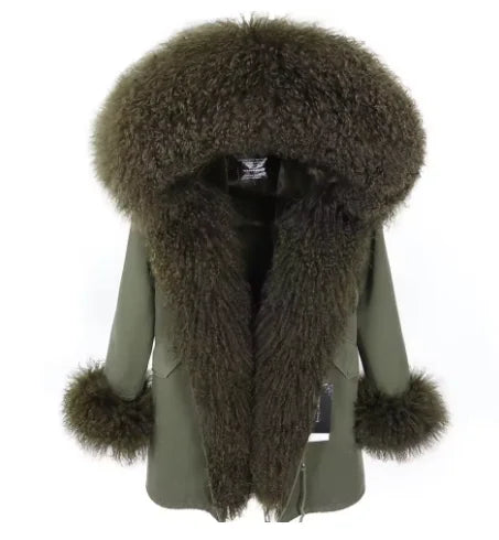 Maomaokong Winter Women Luxur Beige Fur Coat Natural Real Fox Fur Waterproof Jacket Hooded Thick Warm Fashion Long Black Parkas