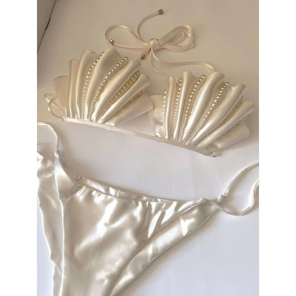 Premium Pearl Shell White Bikini Female Pure Mermaid Princess Small Breasts Gathering Swimsuit Seaside Vacation Swimsuit