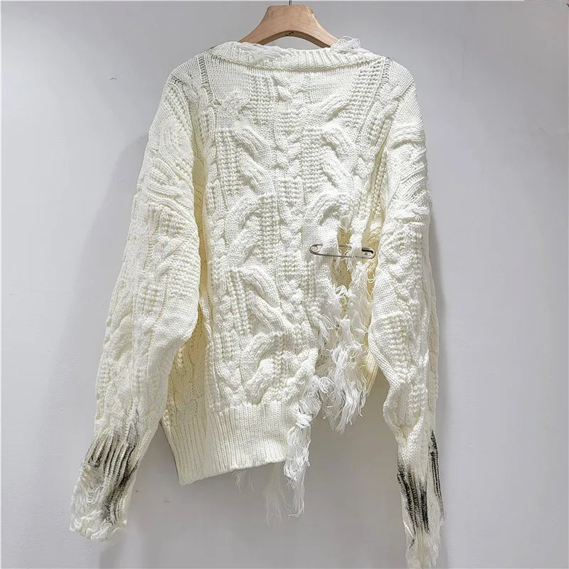 DEAT Women's Knitted Pullover Loose Broken Holes Split Irregular Long Sleeve O-neck Sweaters 2025 New Fashion Autumn 29A2892