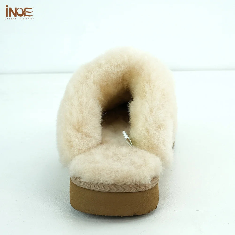 INOE Women Real Sheepskin Suede Leather Natural Wool Sheep Fur Lined Winter Slippers Cazy Loafer Home Shoes Baboon in House Flat