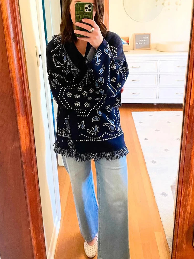 Fashion Printed Tassel Patchwork Cardigan Women V-neck Long Sleeve Loose Sweater Lady Autumn Daily Commute Street Knitwear