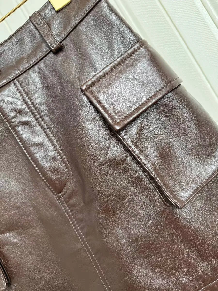 2025 Autumn/Winter New Genuine Leather Skirt for Women High Waist Side Pocket Slim Look Head Layer Sheepskin A-line Mini Jupe