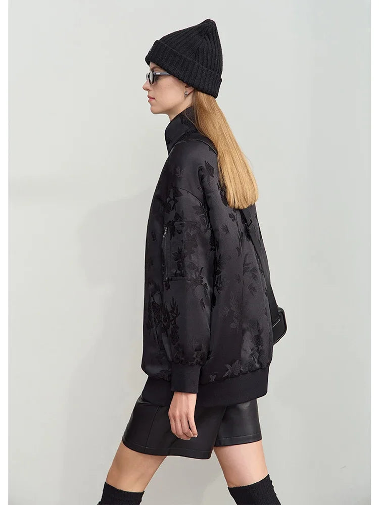 Amii Double Neck Down Sleeve Jacquard Solid Baseball Jacket Thickened Parkas 2025 Winter Women's Casual Loose Coats 12444198