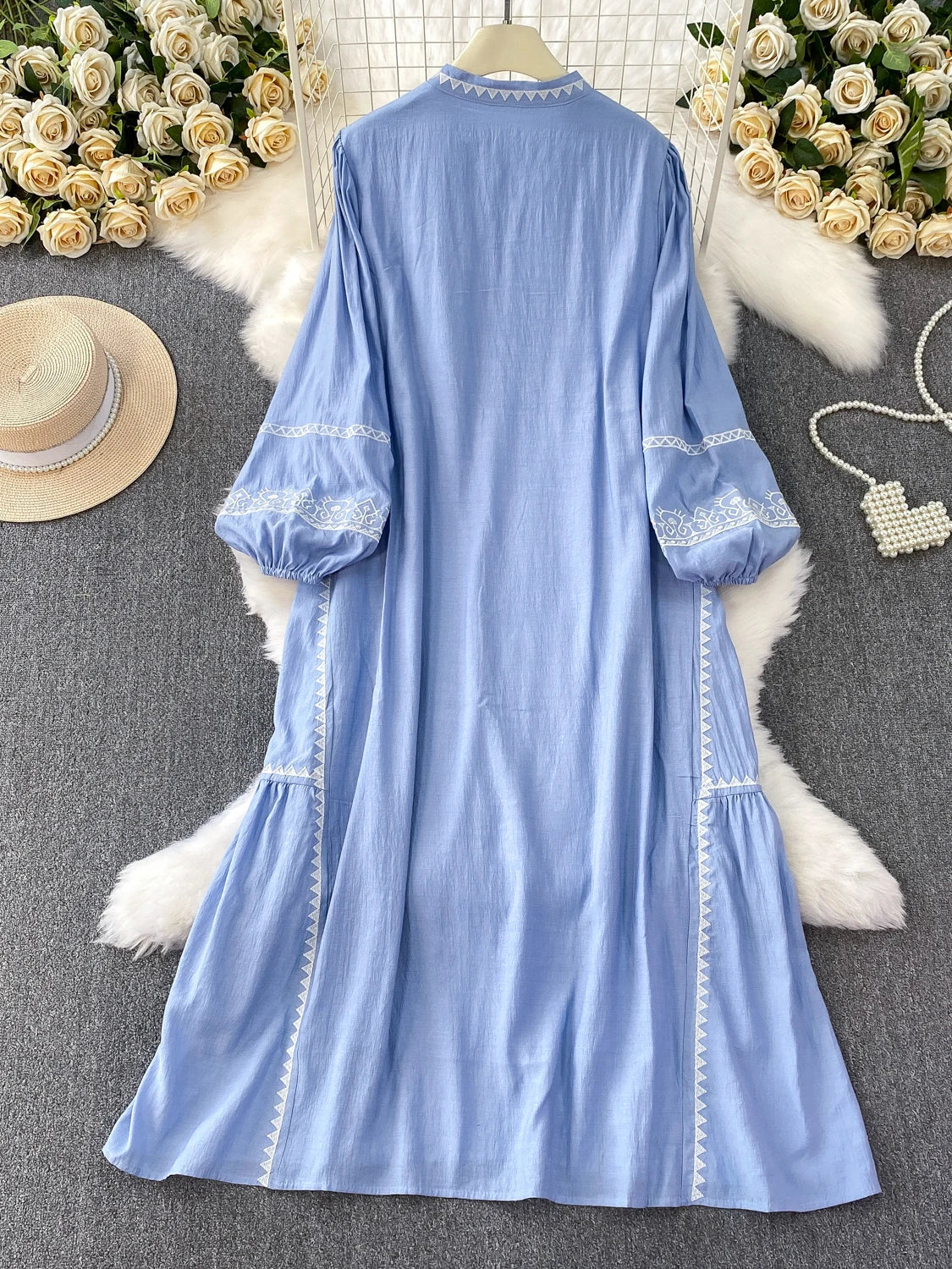 Blue Heavy Embroidery Gentle Wind Long Dr Women's Loose Lantern Sve Stand Collar Spring Autumn Faion plus Size Dr