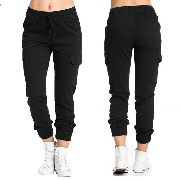 New Solid Jogger Women's Cargo Pants Multi-Pocket Drawstring Elastic Waist Women Sports Pants Streetwear Casual Long Pant