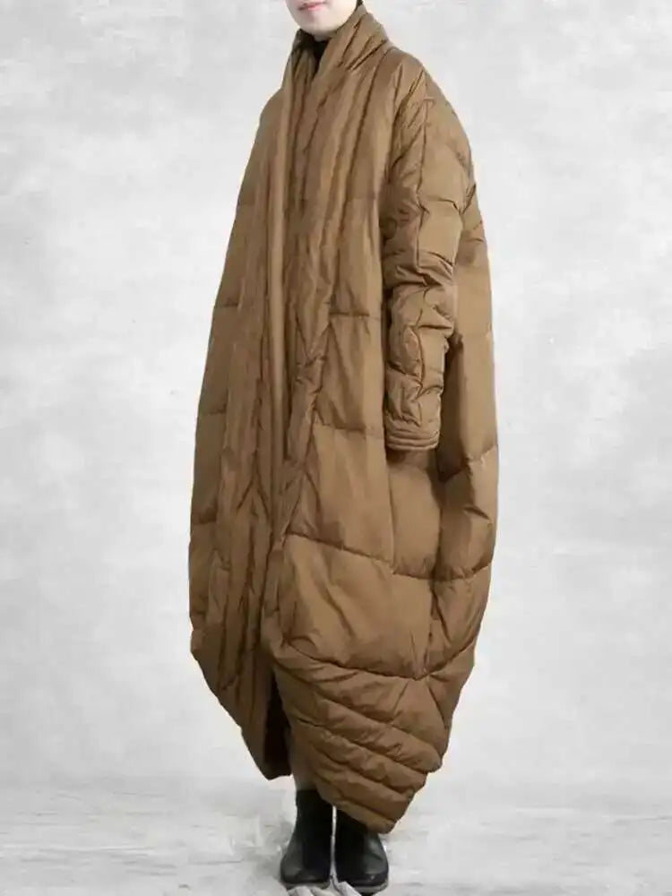 EAM Camel Big Size Thick Warm Long Down Jacket New Long Sleeve Warm Women Parkas Fashion Tide Autumn Winter 2025 31A1074