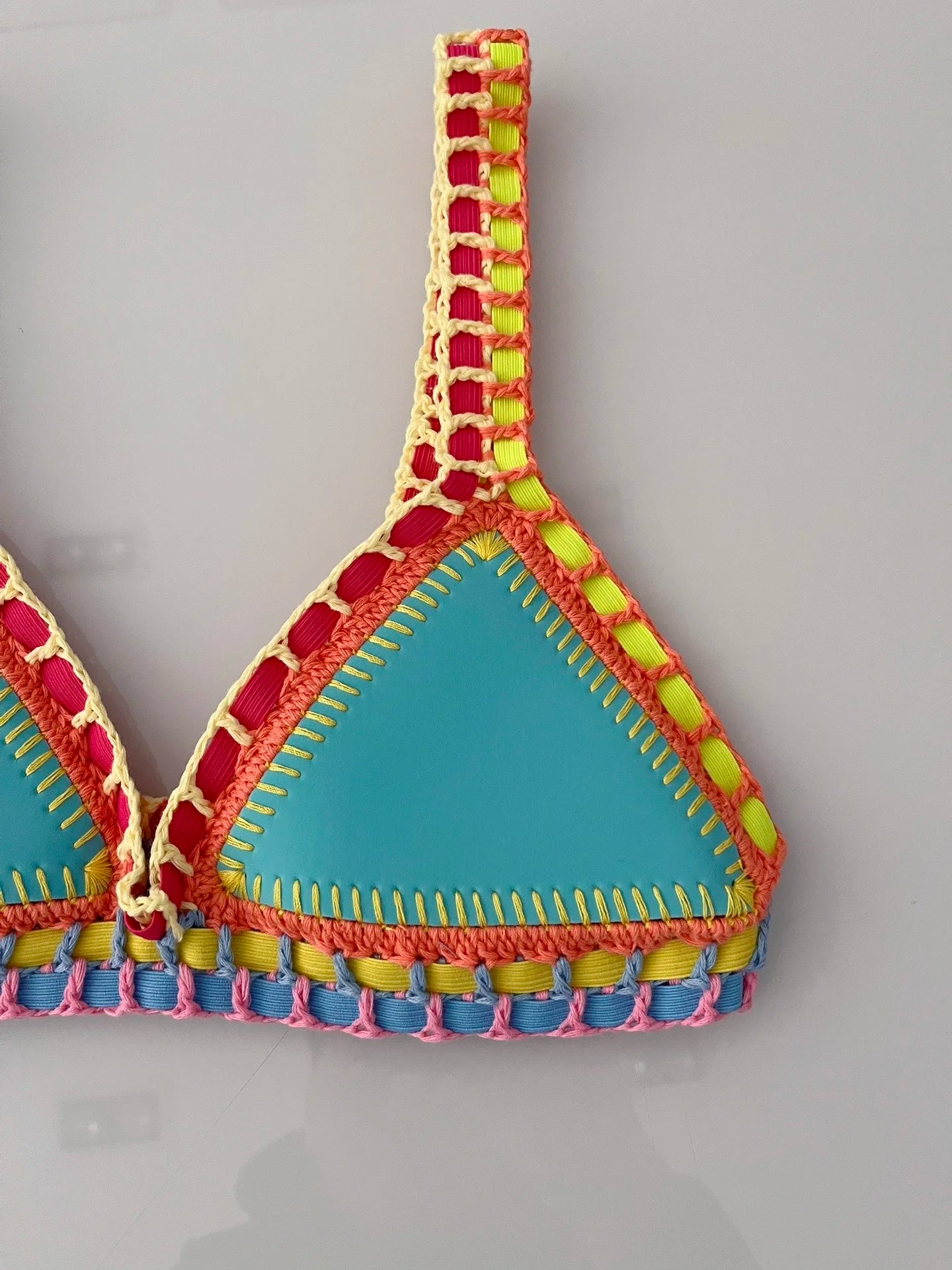 Turquoise Women Sexy Neoprene Triangle Swimsuit Swimming Wear Set Crochet Bikini Beachwear Bathing Suit For Vacation Wear