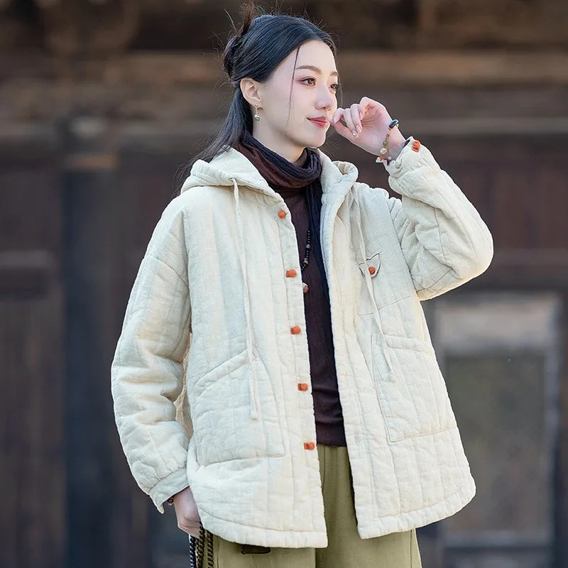 Johnature Women Hooded Ramie Cotton Parkas Solid Color Button Coats 2025 Winter Chinese Style Warm Plus Cotton Pockets Parkas