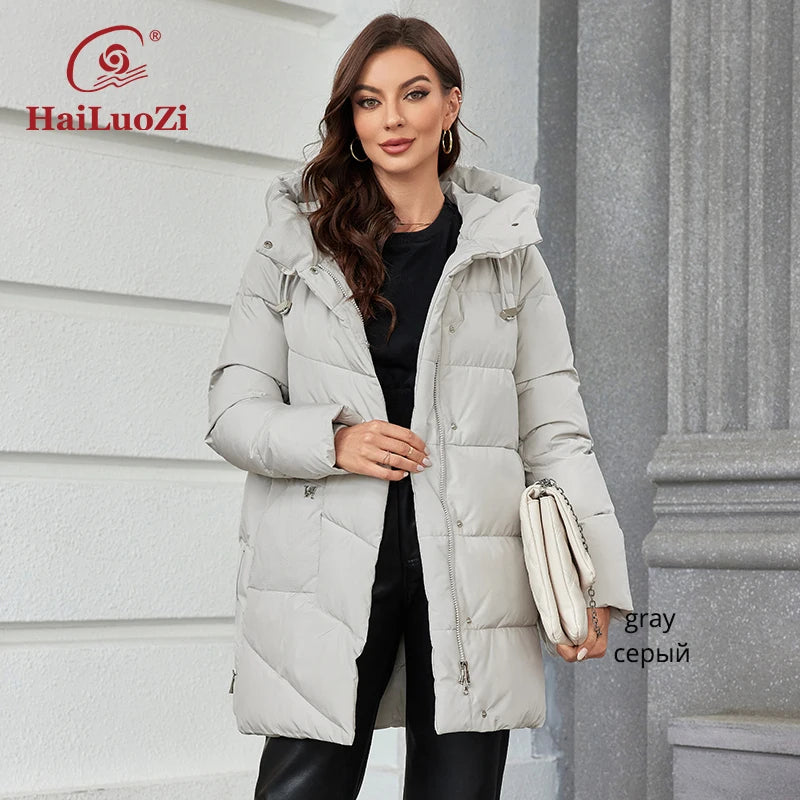 HaiLuoZi 2023 New Women Winter Jackets Warm Hooded Thick Bio-Cotton Female Parkas Solid Color Big Pockets Women‘s Coats 1139