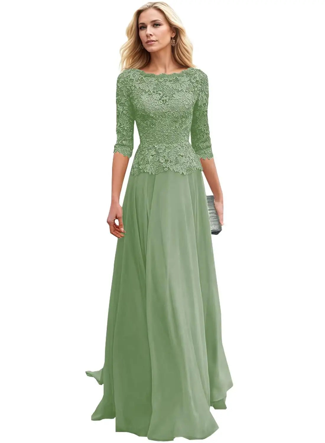 Customized Women's Lace Appliques Mother Of The Bride Dress For Wedding Boat Neck Chiffon Half Sleeves Formal Wedding Guest Gown