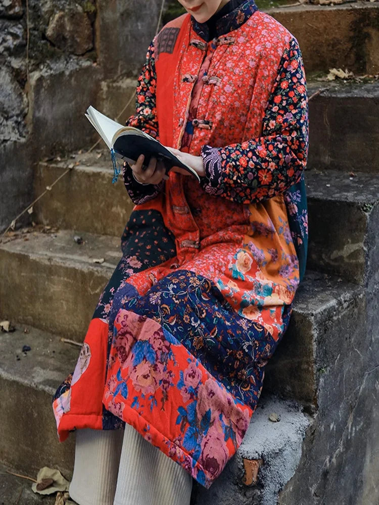 LZJN Women's Winter Single-breasted Cotton Jacket Traditional Chinese Coat Long Patchwork and Cotton Thick Jacket