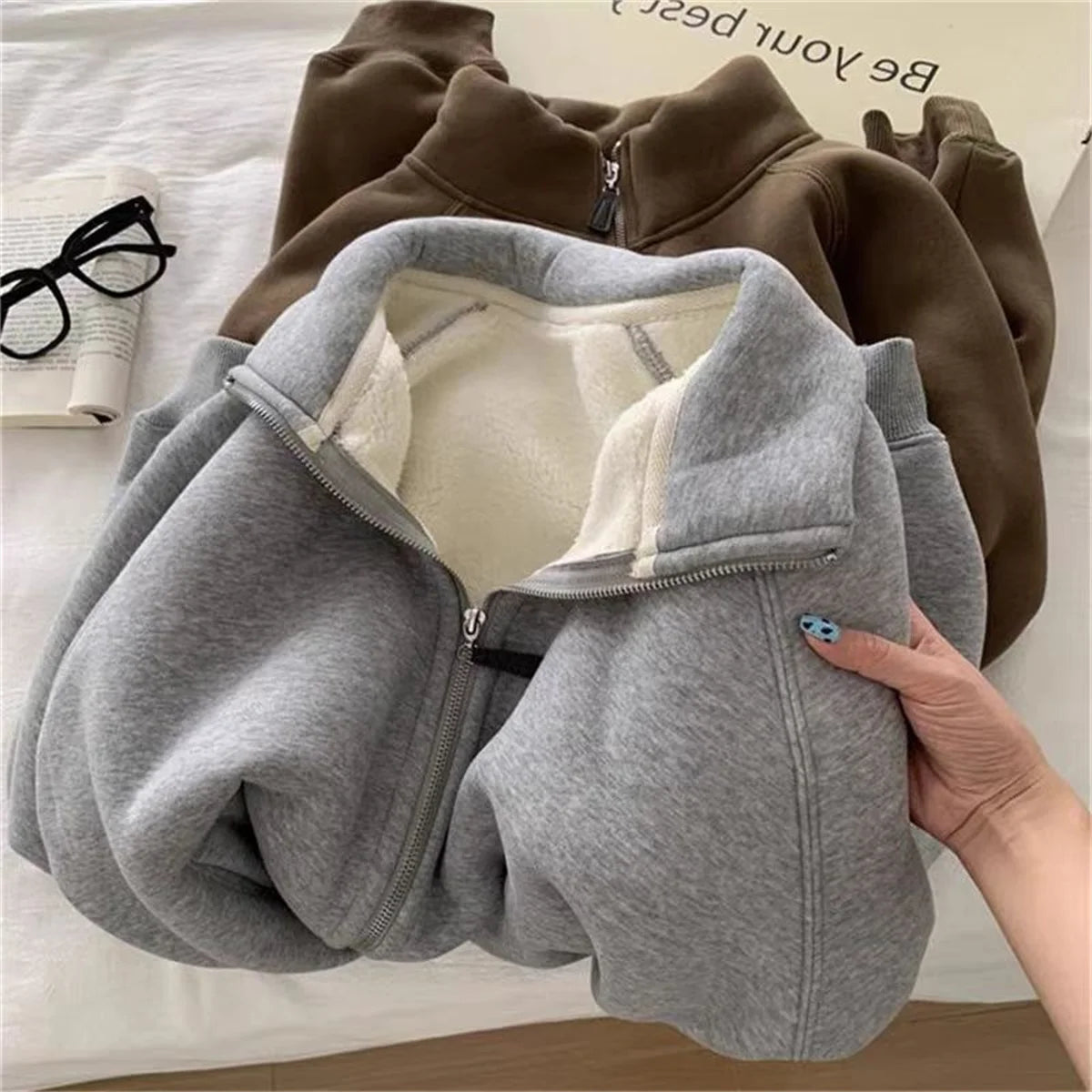 Women Autumn Winter Sweatshirt Coat Zip Up Solid Long Sleeve Stand Neck Jacket Lady Fashion Casual Street Vintage Coats Outwear