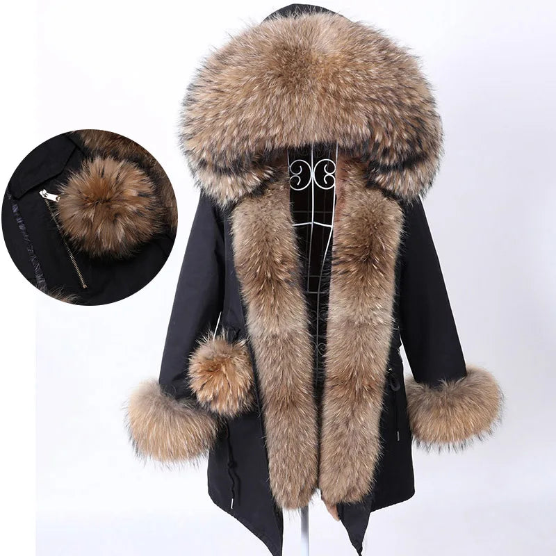 MaoMaoKong Natural Real Fox Fur Jacket Hooded Black Waterproof Woman Winter Warm Coat Parkas Luxury Jacket Female Clothing