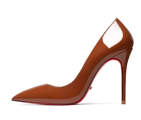 HLTINO 12CM Brown Patent Leather Pumps Women Red Bottom Heels Elegant High Heeled Stilettos Evening Shoe for Party