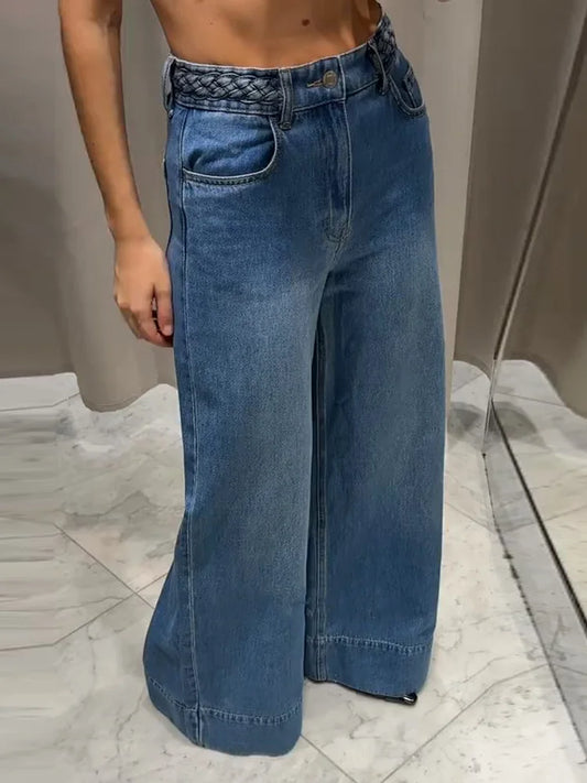 Braided Twist Jeans Woman Low Waist Full Length Loose Wide Leg Trousers Female 2025 Spring Summer New Fashion Street Denim Pants