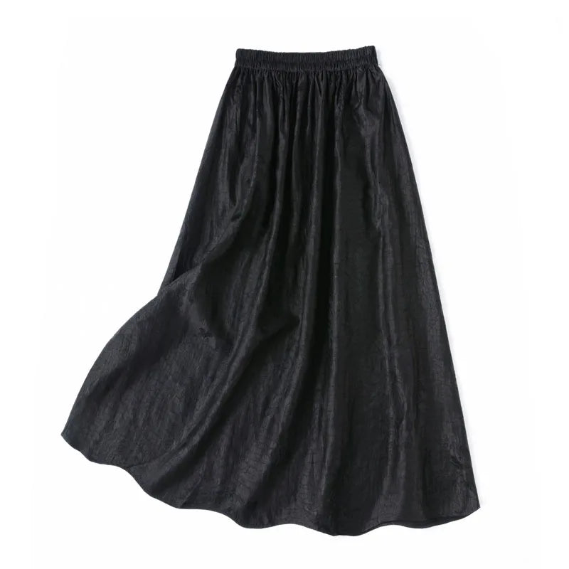2025 Women's Fashion Summer New 100% Natural Mulberry Silk Turtle Crack Gambiered Guangdong Gauze Elastic Waist Black Skirt