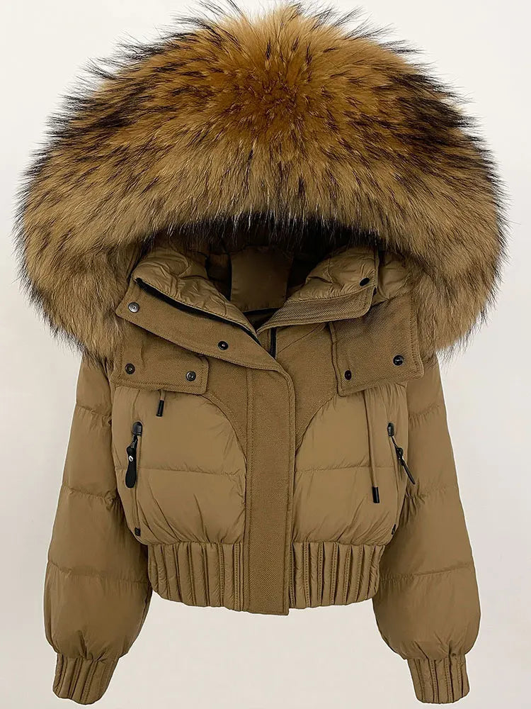 CXFS 2025 Winter Jacket Women Short Natural Real Raccoon Fox Fur Collar Hooded White Duck Down Coat Thick Warm Casual Outerwear