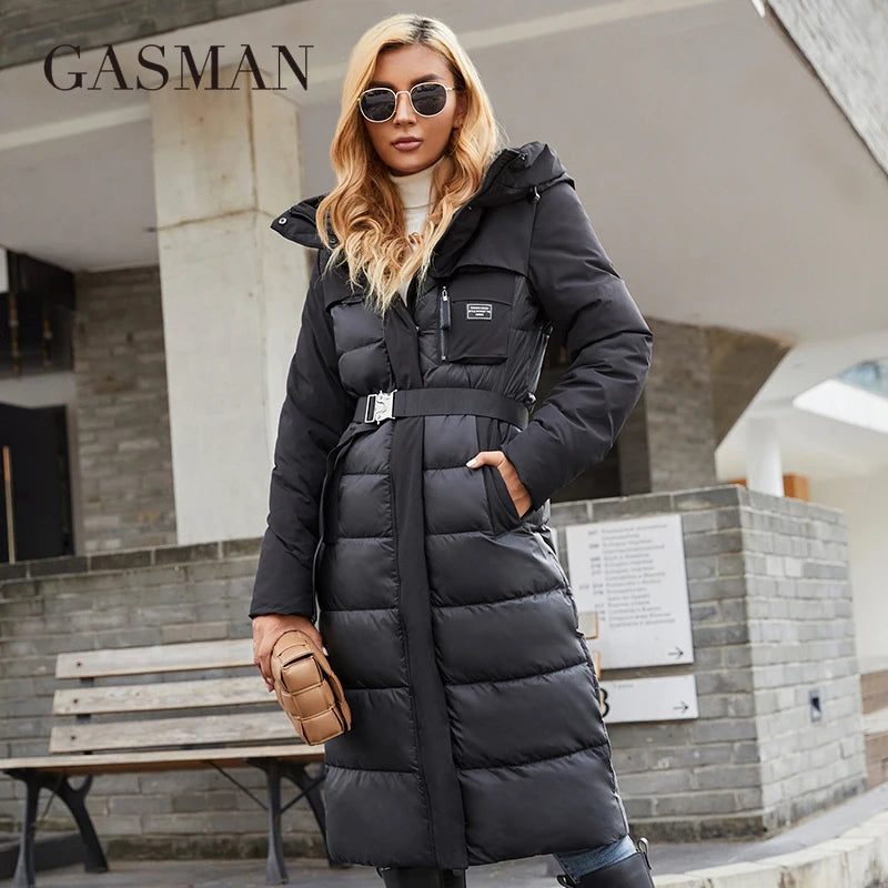GASMAN 2022 Women's jacket long Fashion Grace women winter down jackets Zipper pocket with belt parka high quality outwear 8189