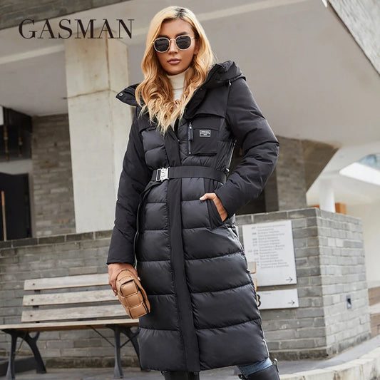 GASMAN 2022 Women's jacket long Fashion Grace women winter down jackets Zipper pocket with belt parka high quality outwear 8189