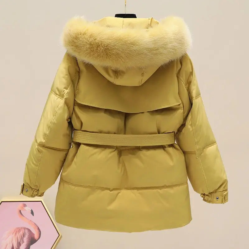 Women's winter hooded down jacket fur neck hooded long coat fashion hooded warm coat comfortable slim fit coat nice outdoor wear