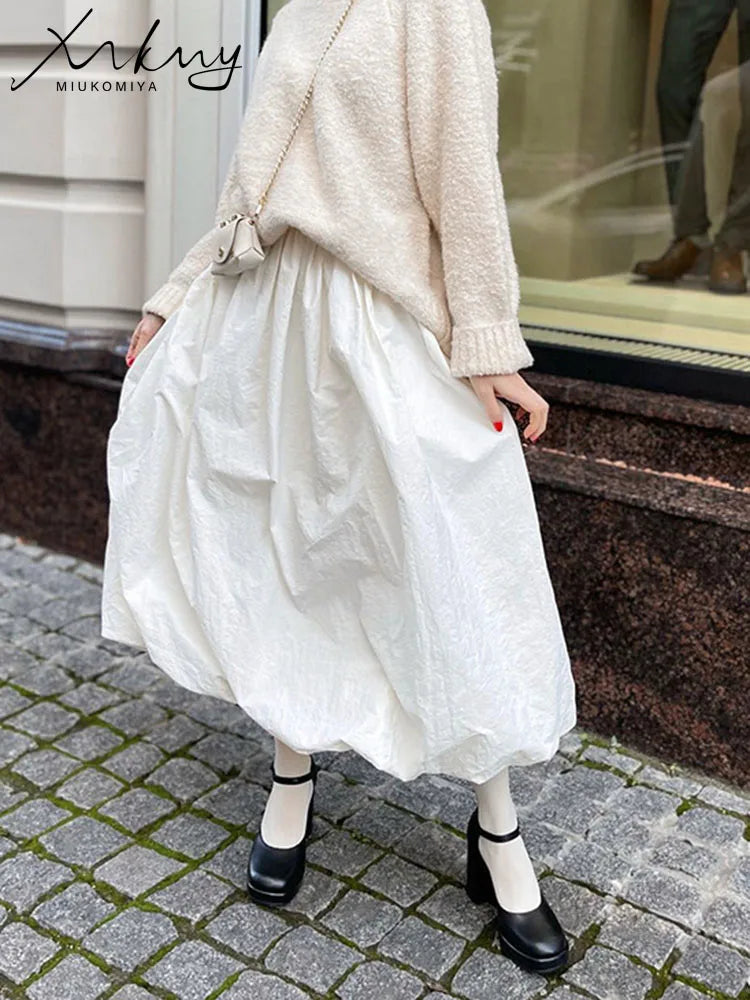 MiuKoMiYa White Midi Bubble Skirt Women High Waist Autumn 2025 Loose Pockets Women's Skirts A-line Solid Women Black Midi Skirts