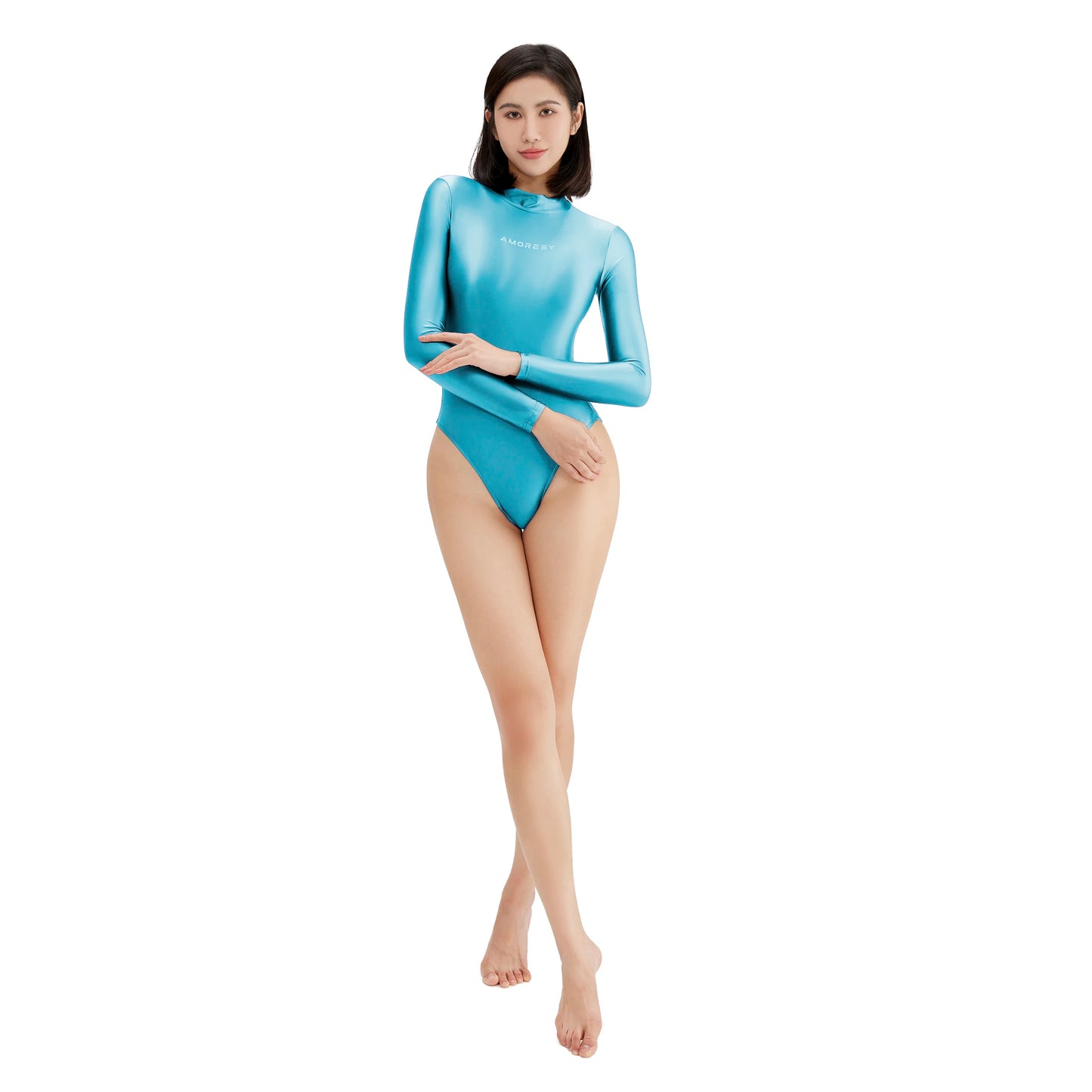 AMORESY Silky Sheen One-piece Bodice Crotch Long-sleeved Woman Solid Color Bottom Zipper Dead Body Swimsuit