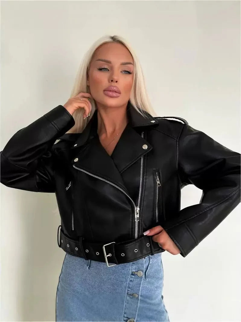 Women Vintage Loose Washed Faux Leather Short Jacket Streetwear Female Zipper Belt Moto Biker Retro Coat Outwear Tops