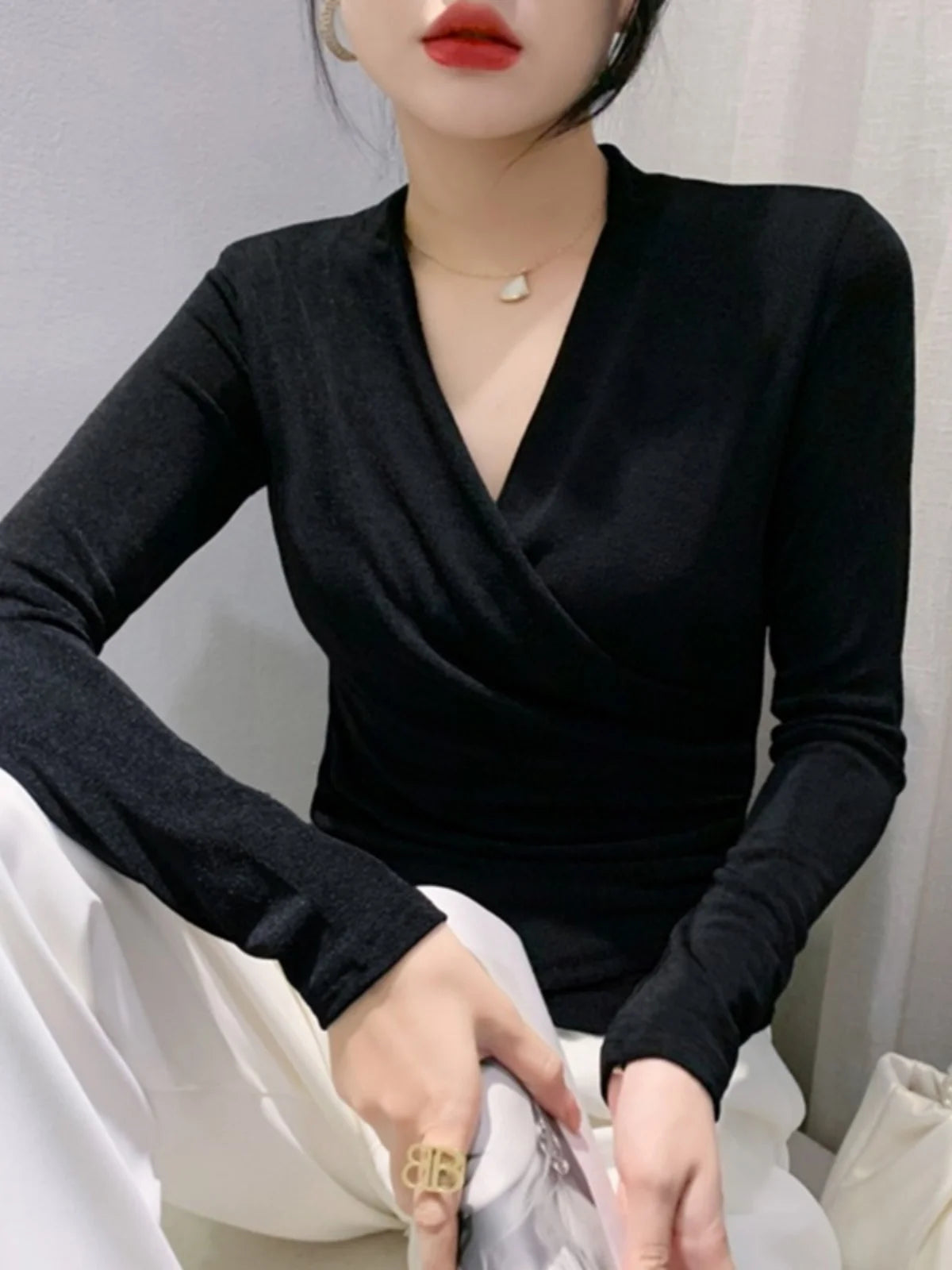 Autumn Spring Crossed V Neck Folds T Shirts Lady Long Sleeve High Stretch Tops Elegant Soft Tee Shirt  For Woman HF8705