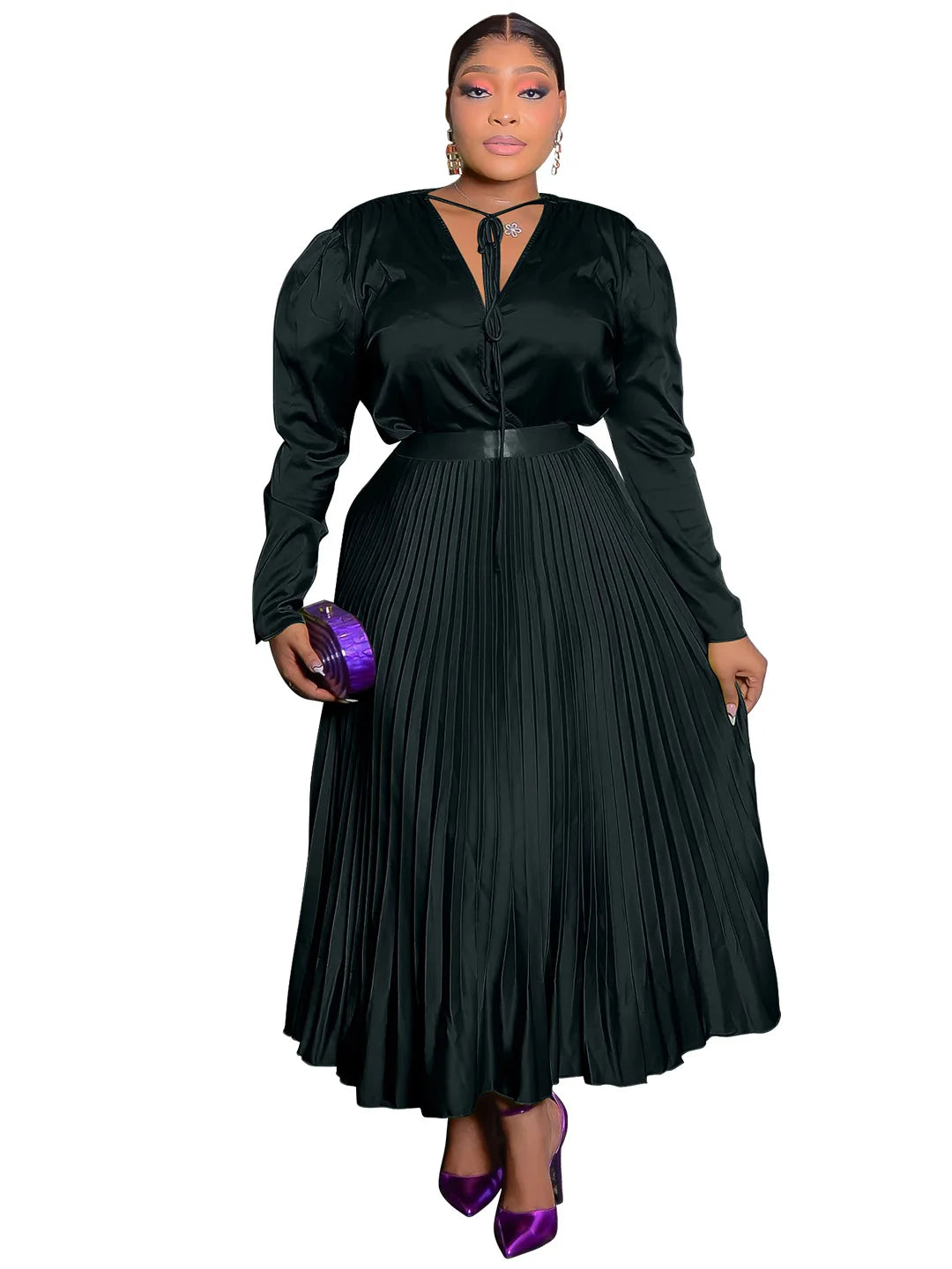 CM.YAYA Plus Size Women's Dress Set Long Sleeve V-neck Blouse and Pleated Maxi Long Skirts Suit Birthday Two 2 Piece Set Outfits